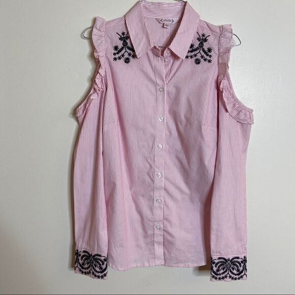 Nanette Lepore Striped Cold Shoulder Ruffle Shirt - Picture 5 of 7